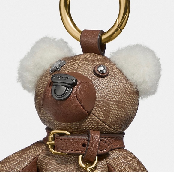 Coach Bear Bag Charm In Signature Canvas Keychain Shearling Khaki Gold white NWT - Picture 2 of 6